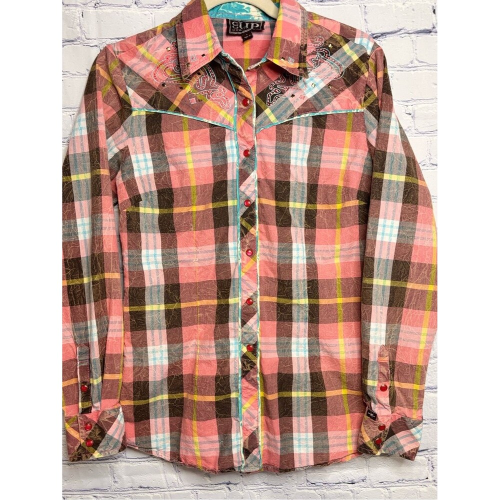 Cowgirl Up Peach Brown Plaid Embroidered Western Equestrian Prairie Snap Shirt S